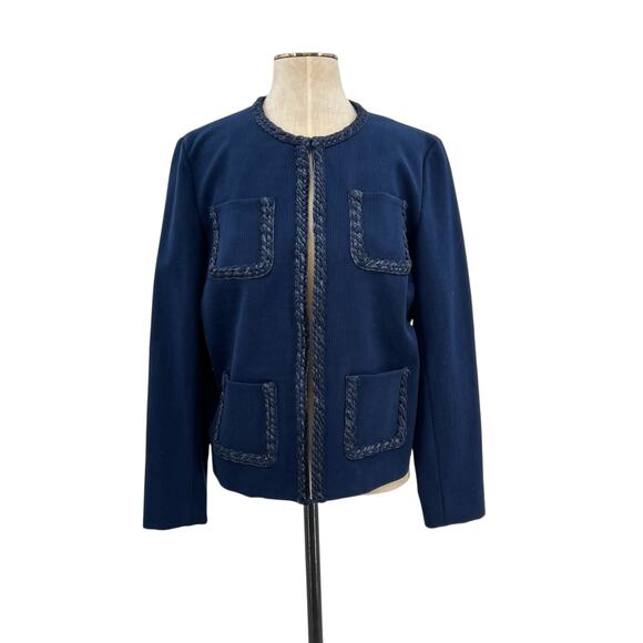 J. Mclaughlin Fanning Jacket Blazer Braided Trim Navy Blue Size Large - Picture 2 of 12